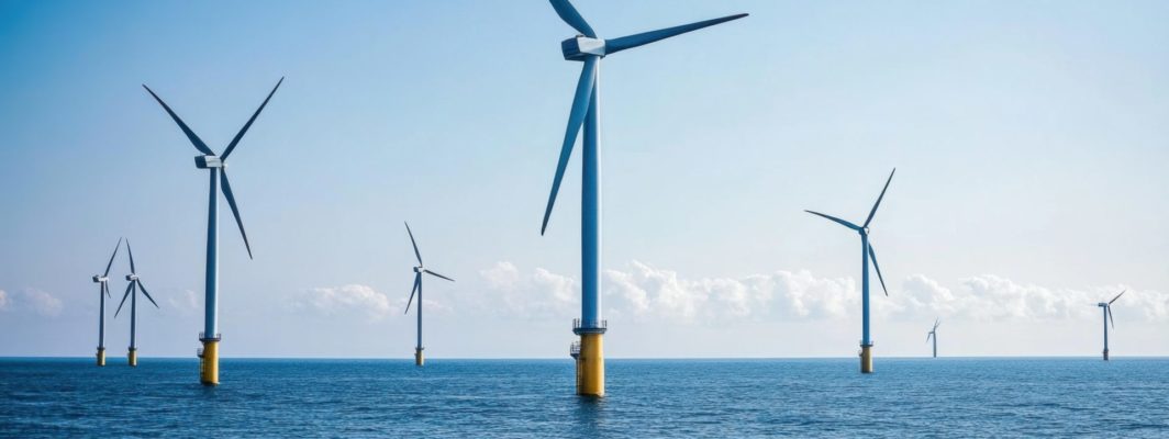 Breathtaking view of offshore wind turbines standing tall in the ocean. The image showcases sustainable energy solutions harnessing wind power for a cleaner future.